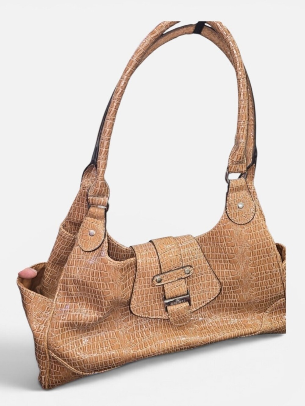 Minicci Tan Croc-Embossed Shoulder Bag with Buckle Detail Magnetic Closure EUC